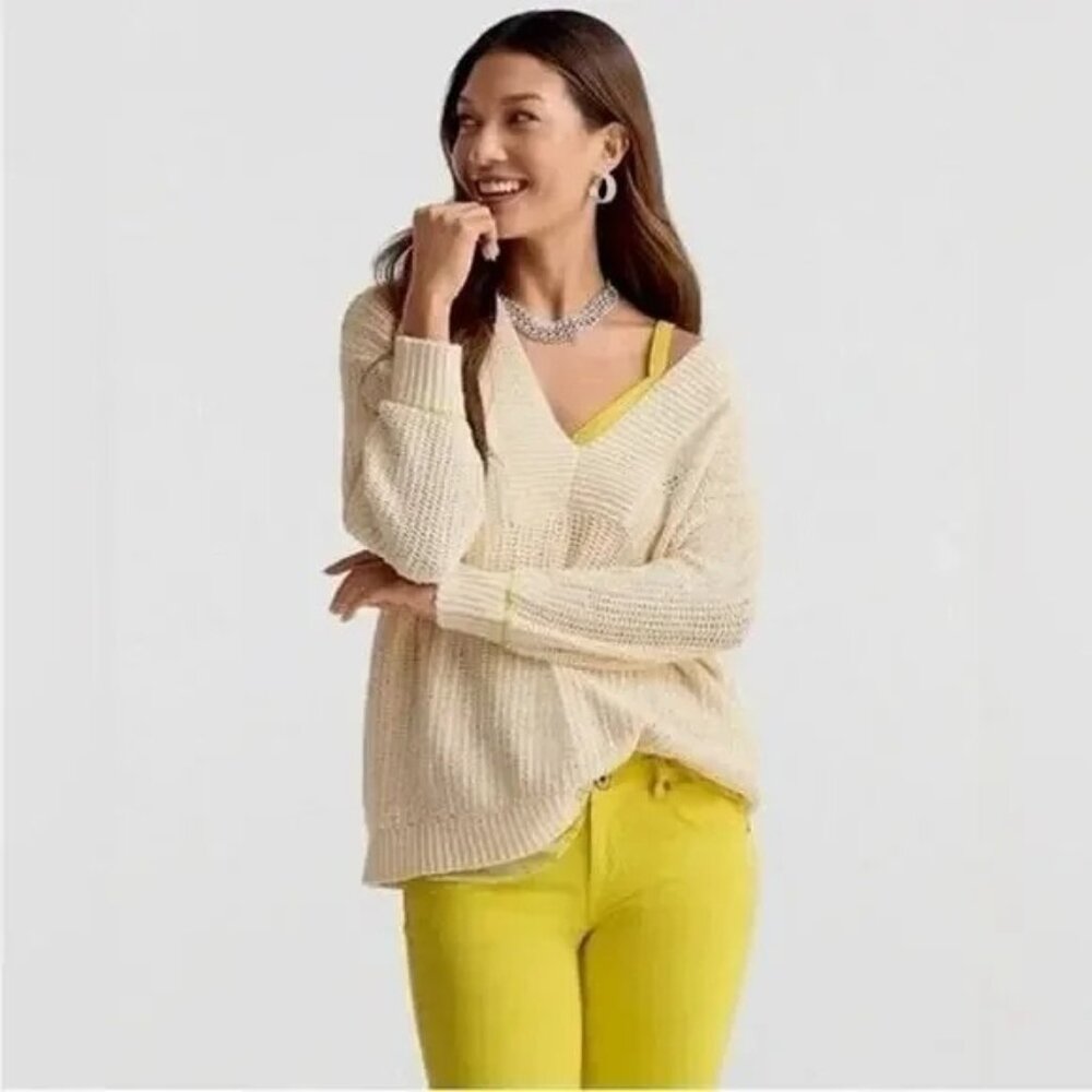 CABI Croquet V-Neck Pullover Sweater Alabaster Ivory Sz M #6233 EUC